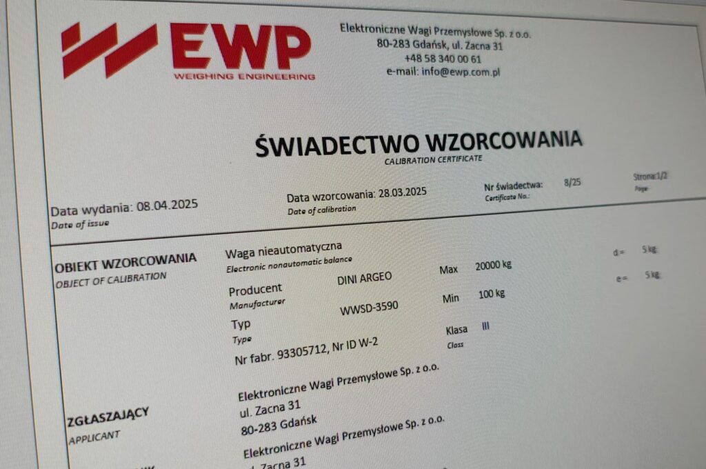 Świadectwo wzorcowania EWP